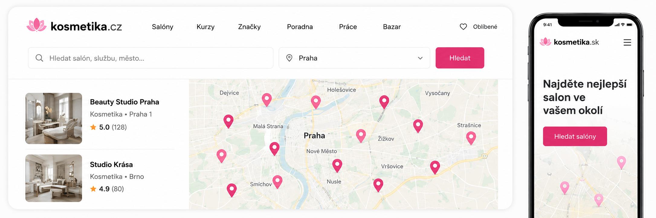 Náhľad pripravovanej platformy: vyhľadávanie salónov na mape s výpisom hodnotení a mobilná verzia kozmetika.sk